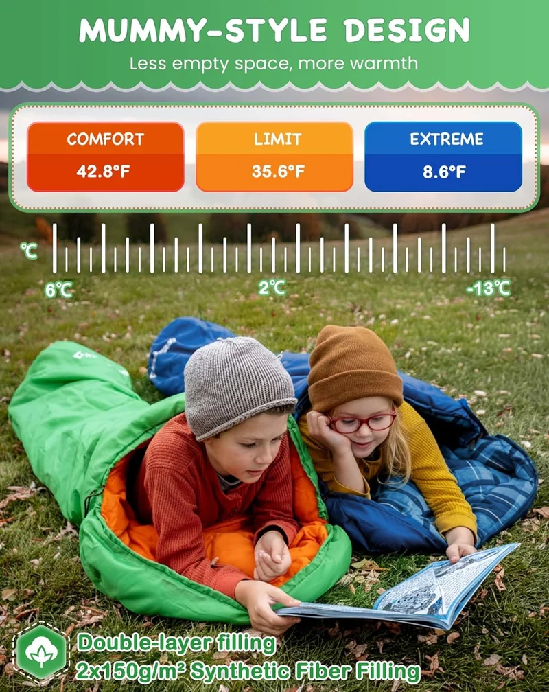 KingCamp Kids Mummy Sleeping Bag - 3-Season Warm & Snug Fit for Camping, Ages 8-12 (up to 4'7" Tall)