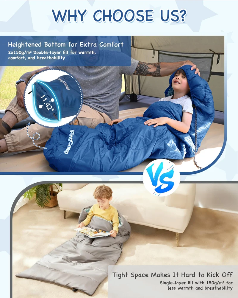 KingCamp Kids Mummy Sleeping Bag - 3-Season Warm & Snug Fit for Camping, Ages 8-12 (up to 4'7" Tall)