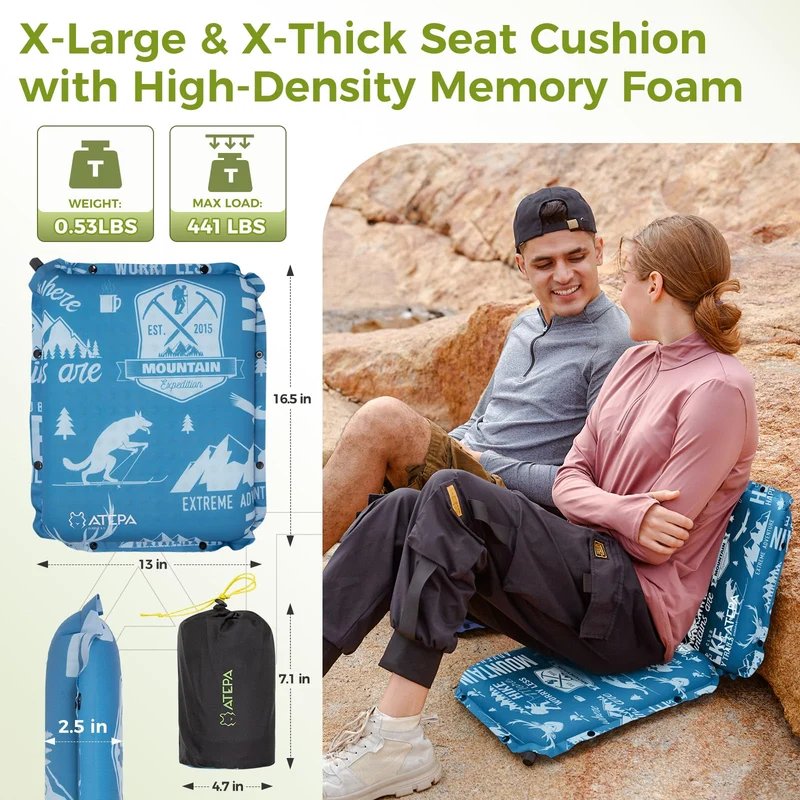 ATEPA Self-Inflating Stadium Seat Cushion - 2.5" Thick Memory Foam Pad for Bleachers, Airplane Travel, Sports & Office Chairs