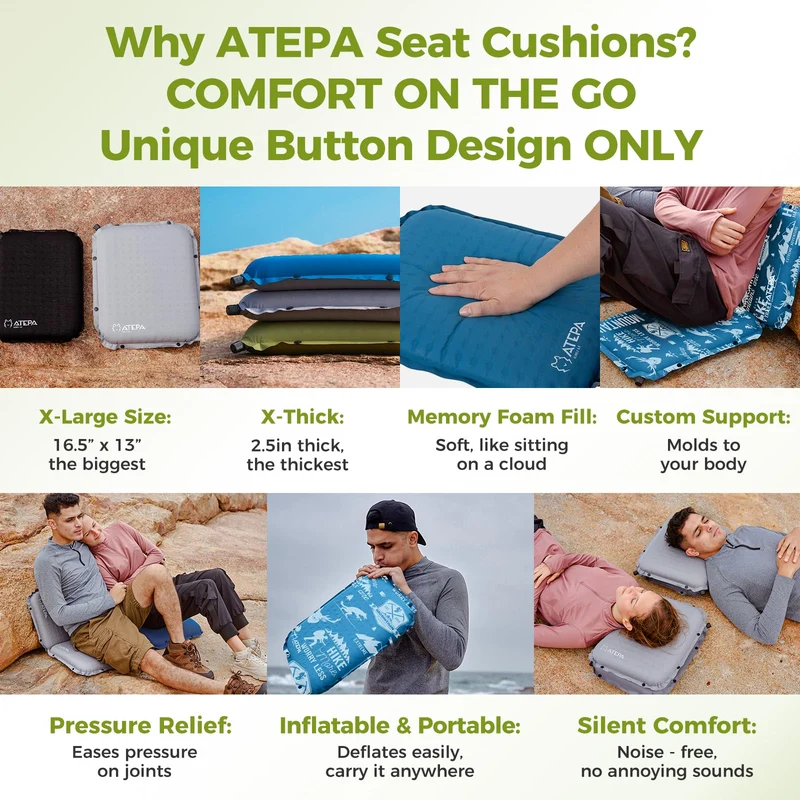 ATEPA Self-Inflating Stadium Seat Cushion - 2.5" Thick Memory Foam Pad for Bleachers, Airplane Travel, Sports & Office Chairs