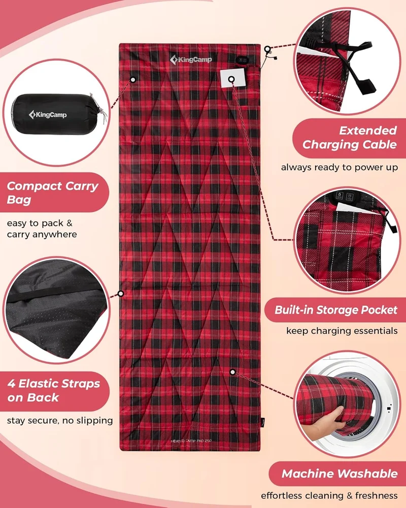 KingCamp Heated Sleeping Bag Liner | 6-Zone Heating Cot Mat 100% Cotton Flannel