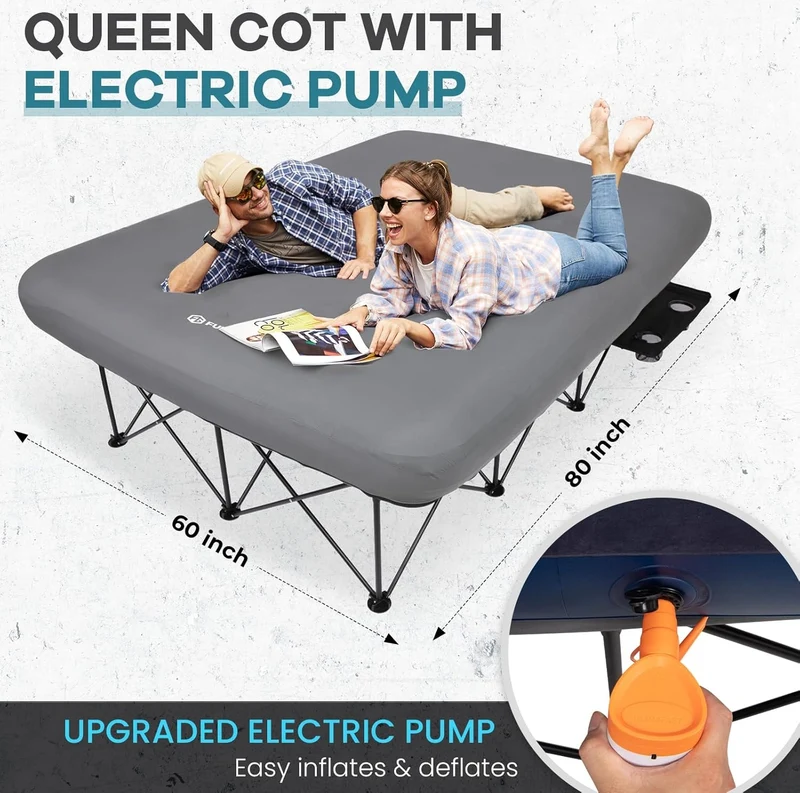 FUNDANGO Queen Camping Cot with Detachable Air Mattress - 2-Person Portable Outdoor Bed with Electric Pump