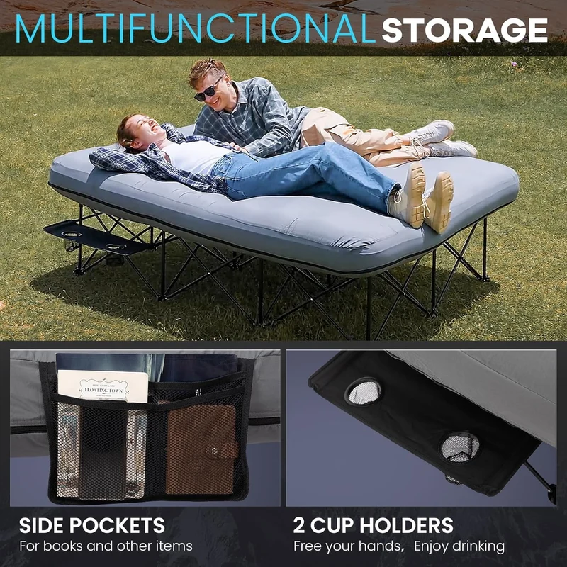 FUNDANGO Queen Camping Cot with Detachable Air Mattress - 2-Person Portable Outdoor Bed with Electric Pump