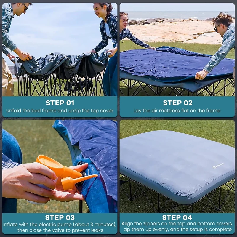 FUNDANGO Queen Camping Cot with Detachable Air Mattress - 2-Person Portable Outdoor Bed with Electric Pump