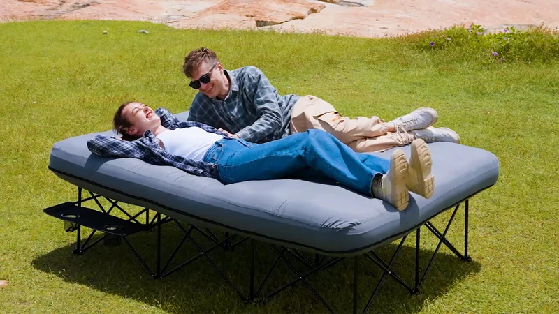 FUNDANGO Queen Camping Cot with Detachable Air Mattress - 2-Person Portable Outdoor Bed with Electric Pump