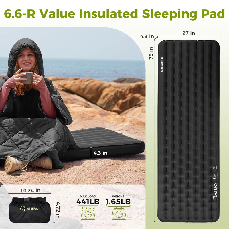ATEPA Ultralight Sleeping Pad - R-Value 6.6 for Winter Camping, Insulated & Inflatable Mat for Backpacking