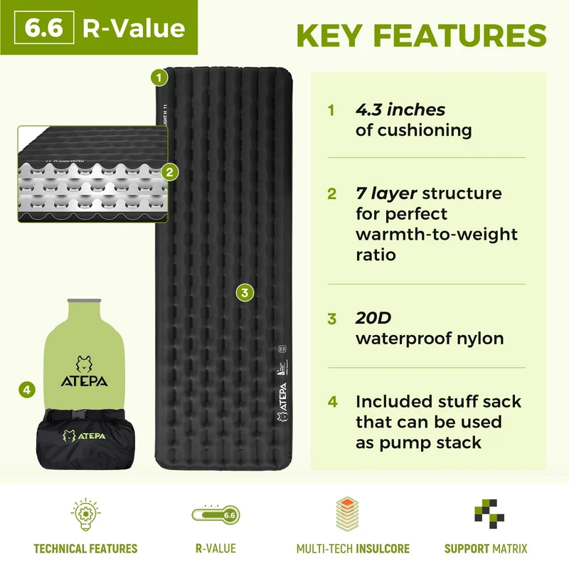 ATEPA Ultralight Sleeping Pad - R-Value 6.6 for Winter Camping, Insulated & Inflatable Mat for Backpacking