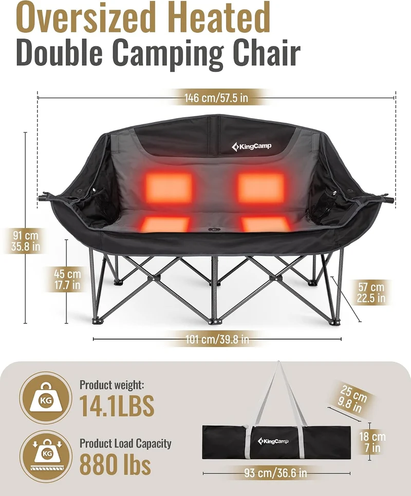KingCamp CANNA C20 PLUS Heated Loveseat Camping Chair - 2-Person Oversized Padded Couples Chair with 4 Heating Zones, 3 Heat Settings