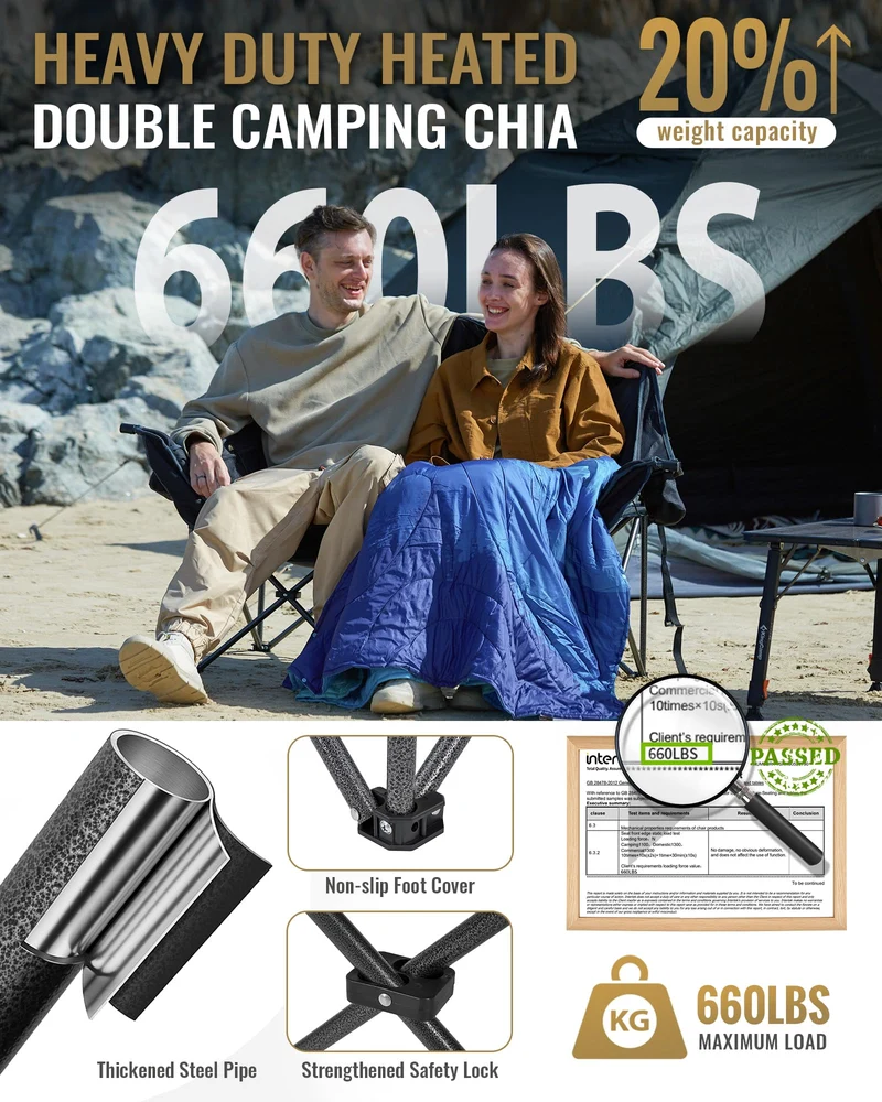 KingCamp CANNA C20 PLUS Heated Loveseat Camping Chair - 2-Person Oversized Padded Couples Chair with 4 Heating Zones, 3 Heat Settings