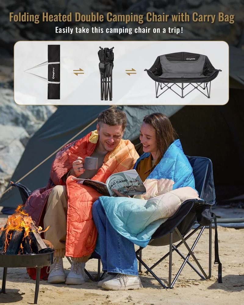 KingCamp CANNA C20 PLUS Heated Loveseat Camping Chair - 2-Person Oversized Padded Couples Chair with 4 Heating Zones, 3 Heat Settings