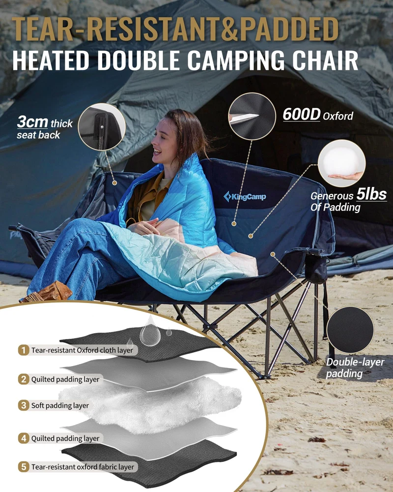 KingCamp CANNA C20 PLUS Heated Loveseat Camping Chair - 2-Person Oversized Padded Couples Chair with 4 Heating Zones, 3 Heat Settings