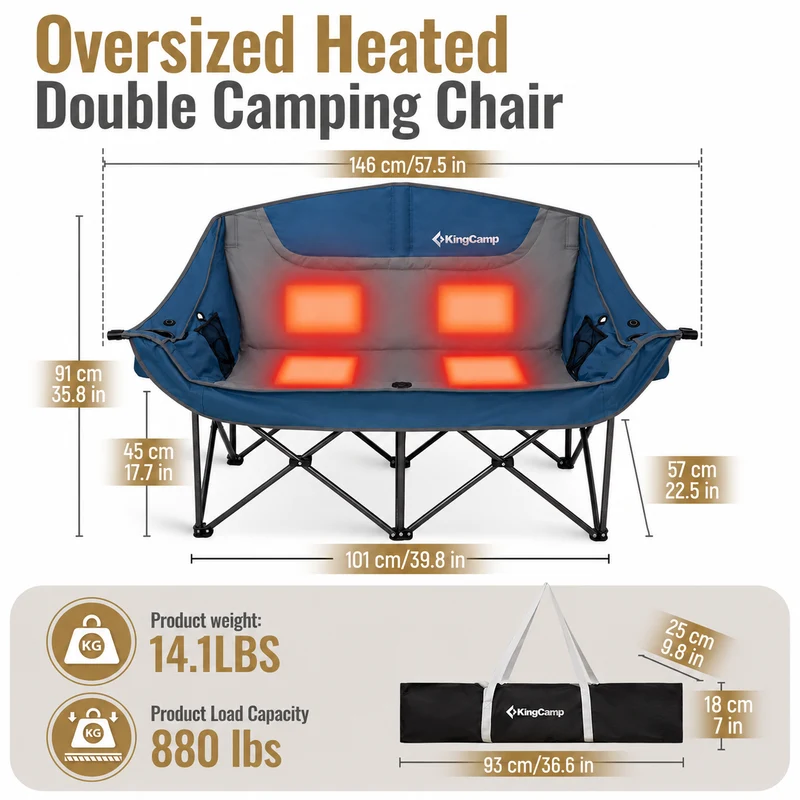 KingCamp CANNA C20 PLUS Heated Loveseat Camping Chair - 2-Person Oversized Padded Couples Chair with 4 Heating Zones, 3 Heat Settings