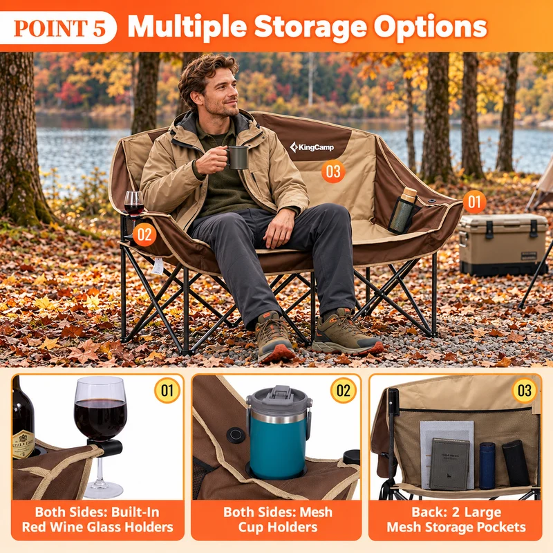 KingCamp CANNA C20 PLUS Heated Loveseat Camping Chair - 2-Person Oversized Padded Couples Chair with 4 Heating Zones, 3 Heat Settings