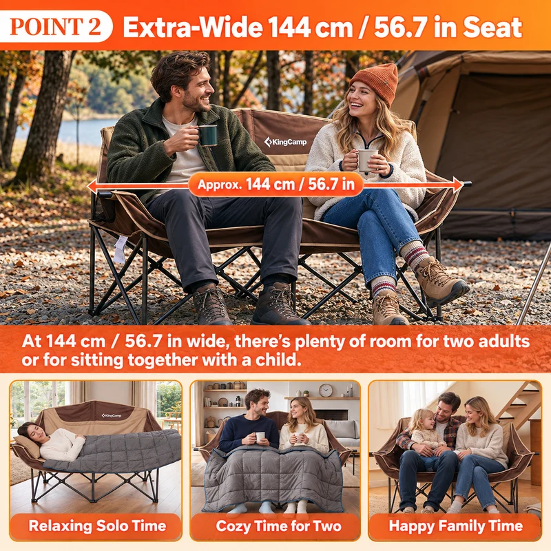 KingCamp CANNA C20 PLUS Heated Loveseat Camping Chair - 2-Person Oversized Padded Couples Chair with 4 Heating Zones, 3 Heat Settings