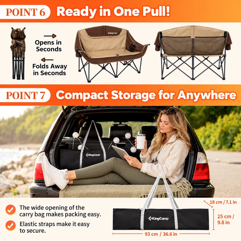 KingCamp CANNA C20 PLUS Heated Loveseat Camping Chair - 2-Person Oversized Padded Couples Chair with 4 Heating Zones, 3 Heat Settings