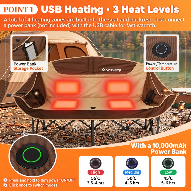 KingCamp CANNA C20 PLUS Heated Loveseat Camping Chair - 2-Person Oversized Padded Couples Chair with 4 Heating Zones, 3 Heat Settings