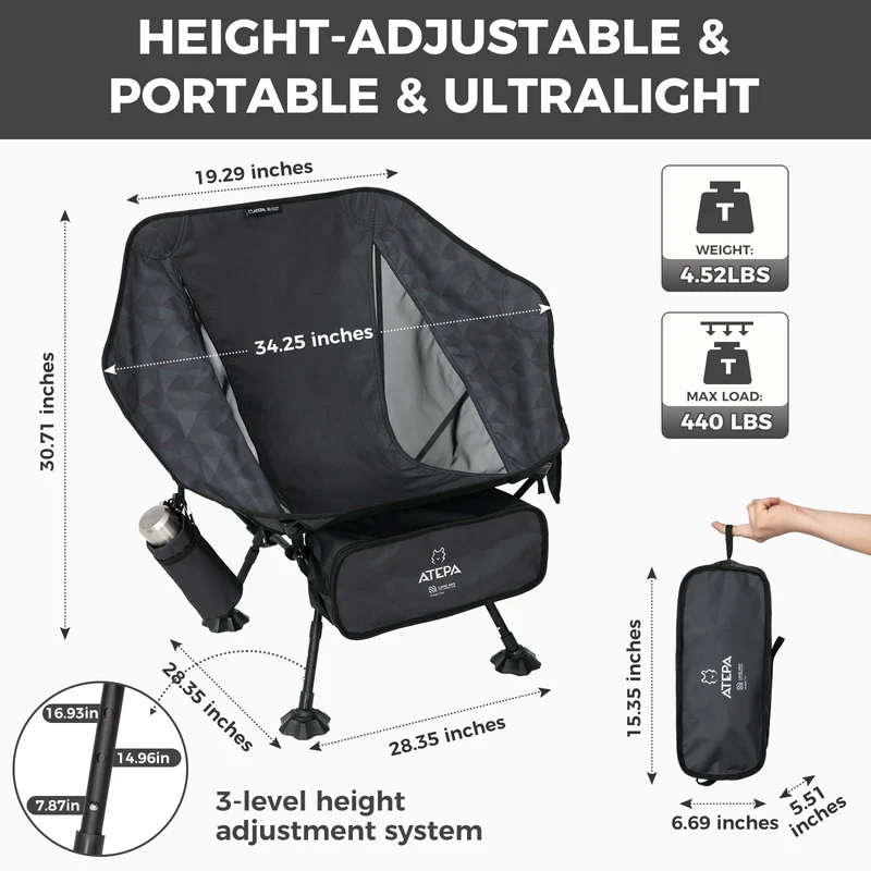 ATEPA Ultralight Backpacking Chair - 440lb Capacity, Compact Folding Camp Chair