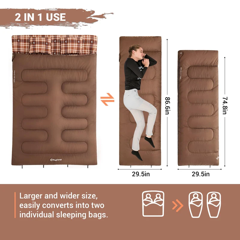 KingCamp Queen Size Double Sleeping Bag – XXL Flannel Camping Sleeping Bag with 2 Pillows