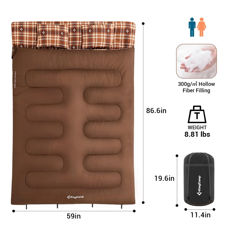 KingCamp Queen Size Double Sleeping Bag – XXL Flannel Camping Sleeping Bag with 2 Pillows