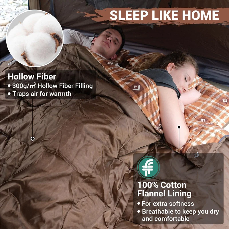 KingCamp Queen Size Double Sleeping Bag – XXL Flannel Camping Sleeping Bag with 2 Pillows