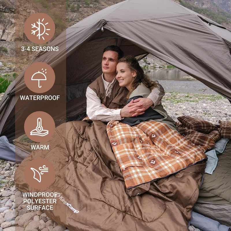 KingCamp Queen Size Double Sleeping Bag – XXL Flannel Camping Sleeping Bag with 2 Pillows
