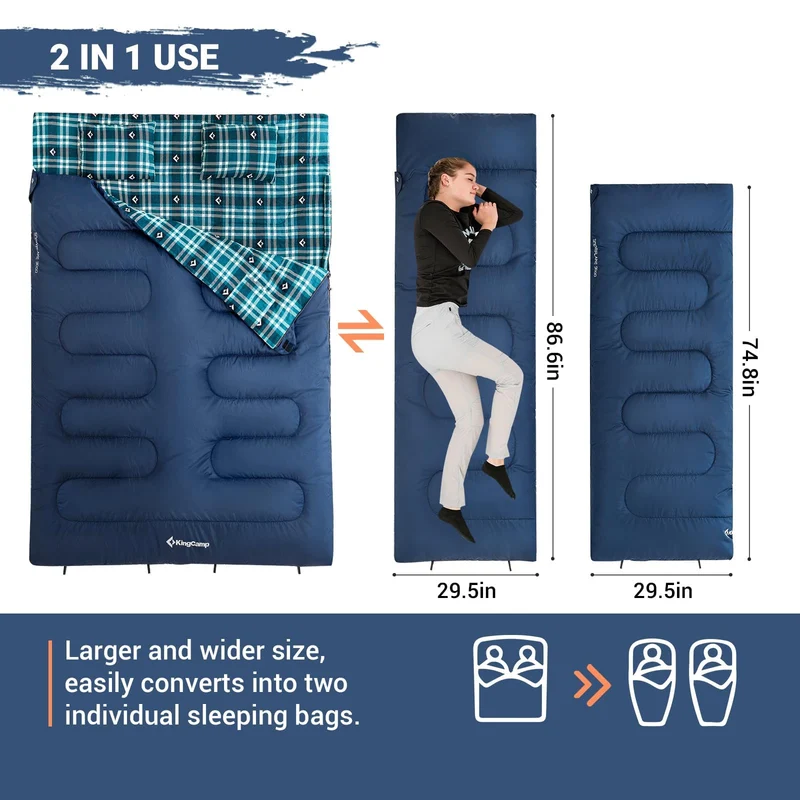 KingCamp Queen Size Double Sleeping Bag – XXL Flannel Camping Sleeping Bag with 2 Pillows