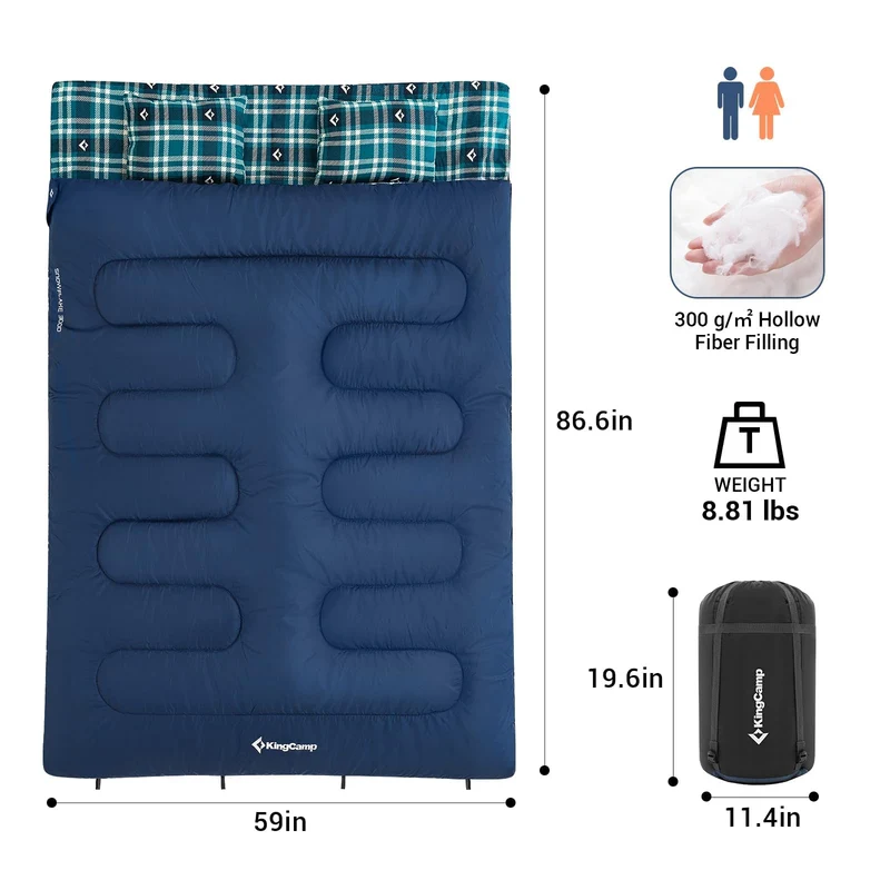 KingCamp Queen Size Double Sleeping Bag – XXL Flannel Camping Sleeping Bag with 2 Pillows
