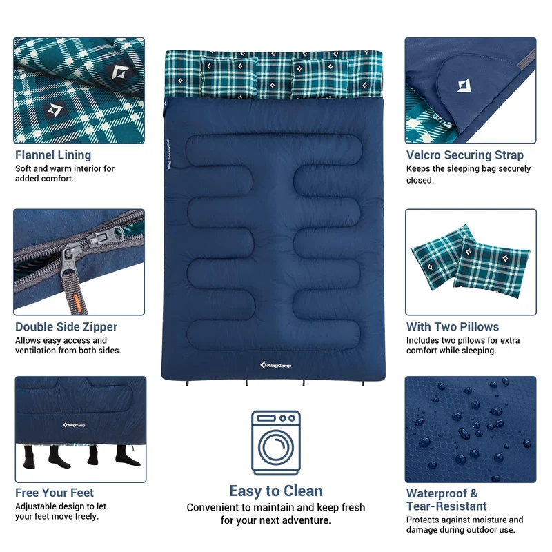 KingCamp Queen Size Double Sleeping Bag – XXL Flannel Camping Sleeping Bag with 2 Pillows