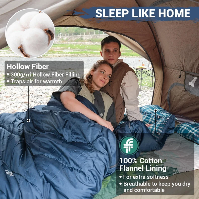 KingCamp Queen Size Double Sleeping Bag – XXL Flannel Camping Sleeping Bag with 2 Pillows
