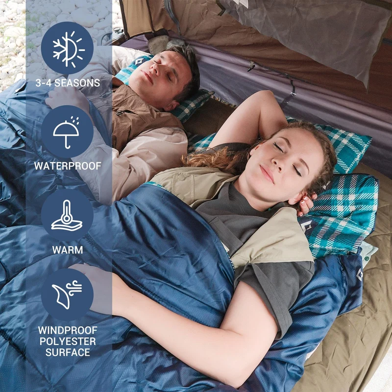 KingCamp Queen Size Double Sleeping Bag – XXL Flannel Camping Sleeping Bag with 2 Pillows