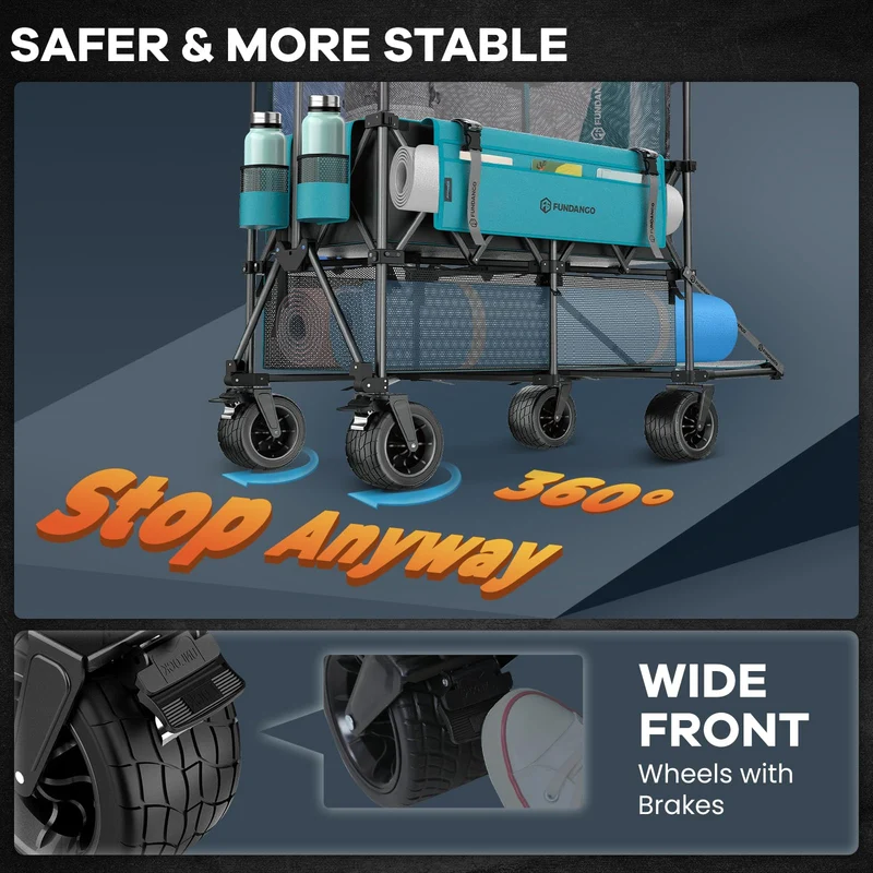 FUNDANGO Heavy Duty Double Decker Wagon – 660L Capacity All-Terrain Folding Cart with Brakes & Tailgate