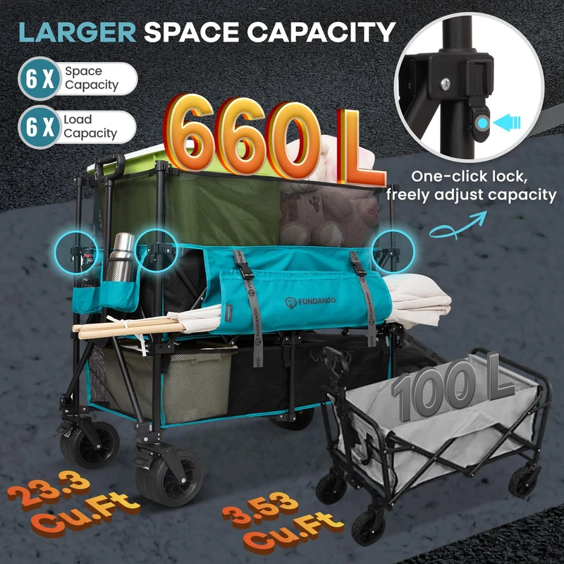 FUNDANGO Heavy Duty Double Decker Wagon – 660L Capacity All-Terrain Folding Cart with Brakes & Tailgate