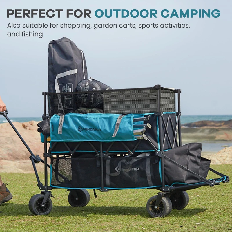FUNDANGO Heavy Duty Double Decker Wagon – 660L Capacity All-Terrain Folding Cart with Brakes & Tailgate