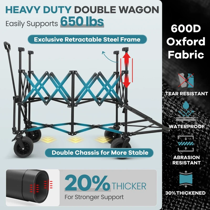 FUNDANGO Heavy Duty Double Decker Wagon – 660L Capacity All-Terrain Folding Cart with Brakes & Tailgate