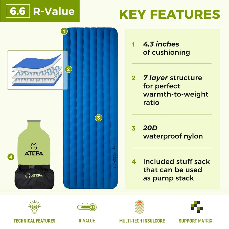 ATEPA All-Season Ultralight Insulated Sleeping Pad R-Value 6.6