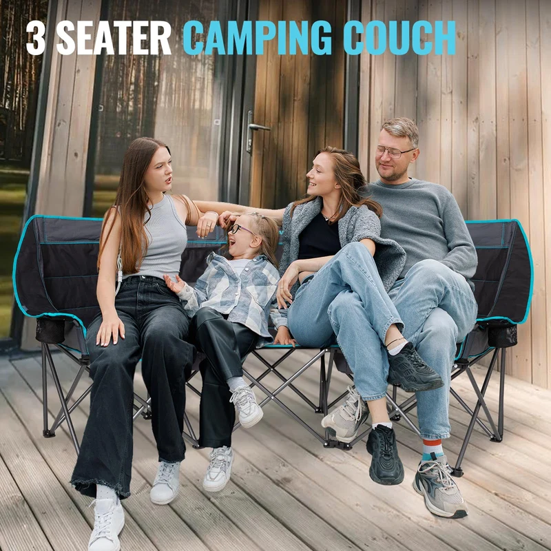 FUNDANGO Triple Camping Chair with Cooler – 3-Person Oversized Padded Camp Couch