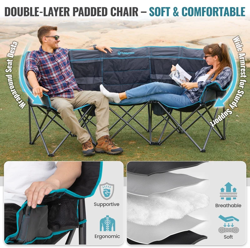 FUNDANGO Triple Camping Chair with Cooler – 3-Person Oversized Padded Camp Couch