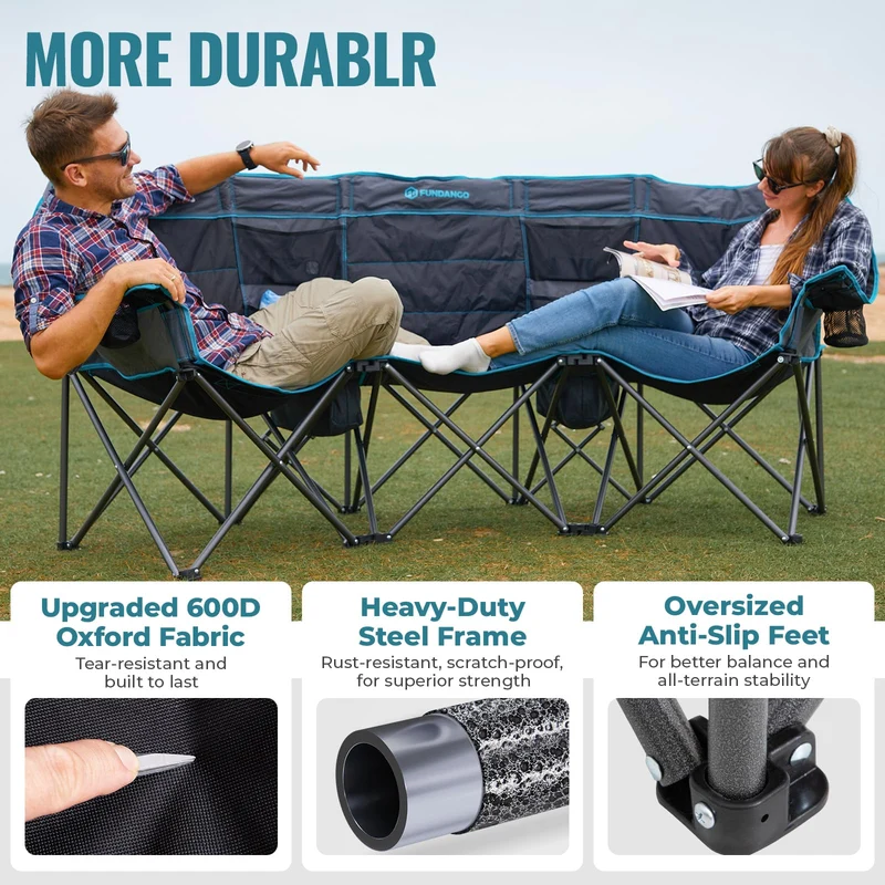 FUNDANGO Triple Camping Chair with Cooler – 3-Person Oversized Padded Camp Couch