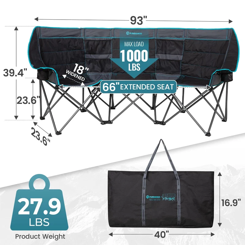 FUNDANGO Triple Camping Chair with Cooler – 3-Person Oversized Padded Camp Couch
