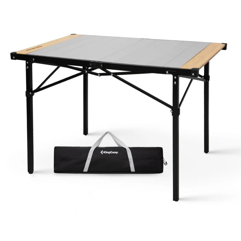 KingCamp Folding Roll-Top Aluminum Table with Bamboo Extensions | 4-6 Person Medium Camping Table, Seamless Zero-Gap Surface with Natural Bamboo Ends