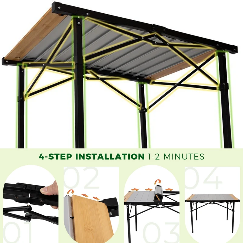 KingCamp Folding Roll-Top Aluminum Table with Bamboo Extensions | 4-6 Person Medium Camping Table, Seamless Zero-Gap Surface with Natural Bamboo Ends