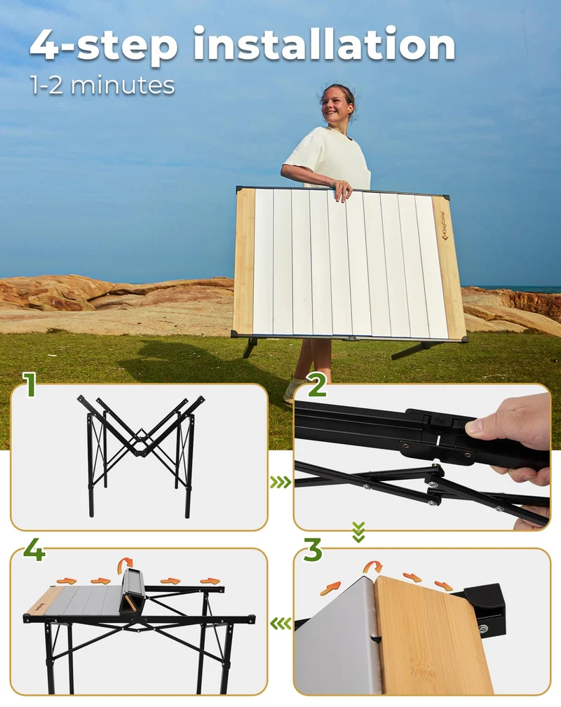 KingCamp Folding Roll-Top Aluminum Table with Bamboo Extensions | 4-6 Person Medium Camping Table, Seamless Zero-Gap Surface with Natural Bamboo Ends
