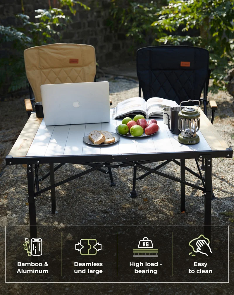 KingCamp Folding Roll-Top Aluminum Table with Bamboo Extensions | 4-6 Person Medium Camping Table, Seamless Zero-Gap Surface with Natural Bamboo Ends