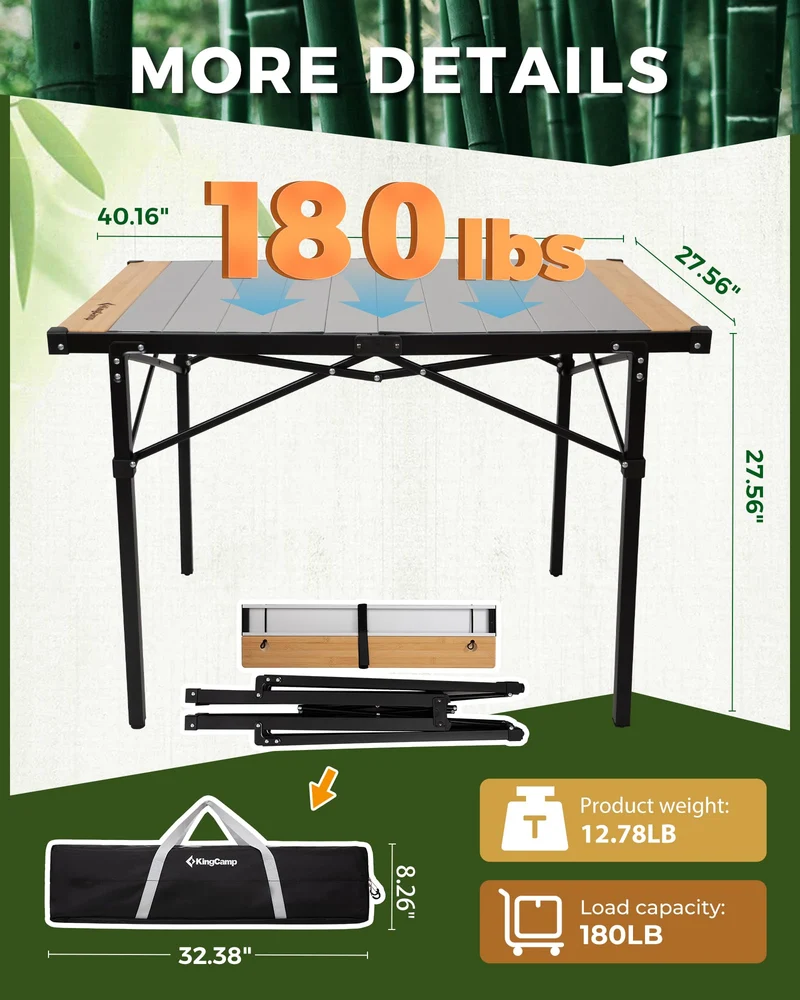KingCamp Folding Roll-Top Aluminum Table with Bamboo Extensions | 4-6 Person Medium Camping Table, Seamless Zero-Gap Surface with Natural Bamboo Ends