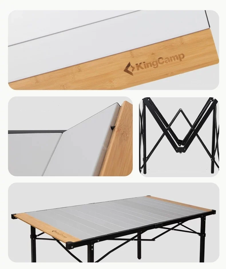 KingCamp Hybrid Aluminum Roll-Top Table with Bamboo Extensions | 6-8 Person XL Camping Table, Seamless Zero-Gap Surface with Natural Bamboo Ends