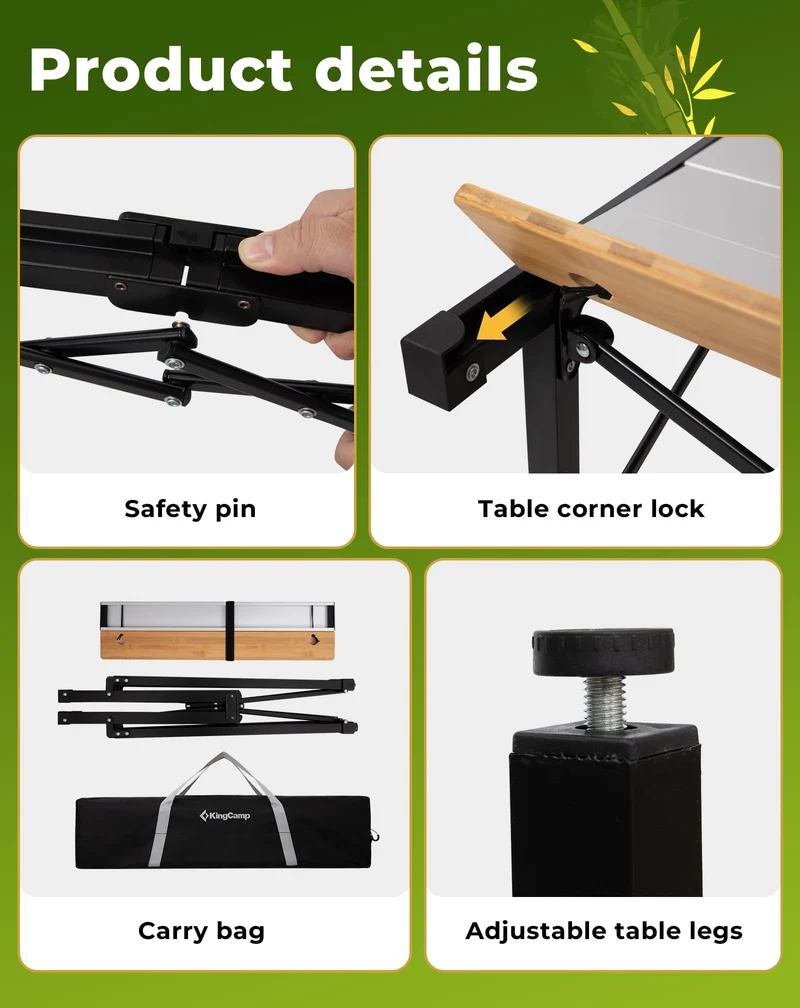 KingCamp Folding Roll-Top Aluminum Table with Bamboo Extensions | 4-6 Person Medium Camping Table, Seamless Zero-Gap Surface with Natural Bamboo Ends