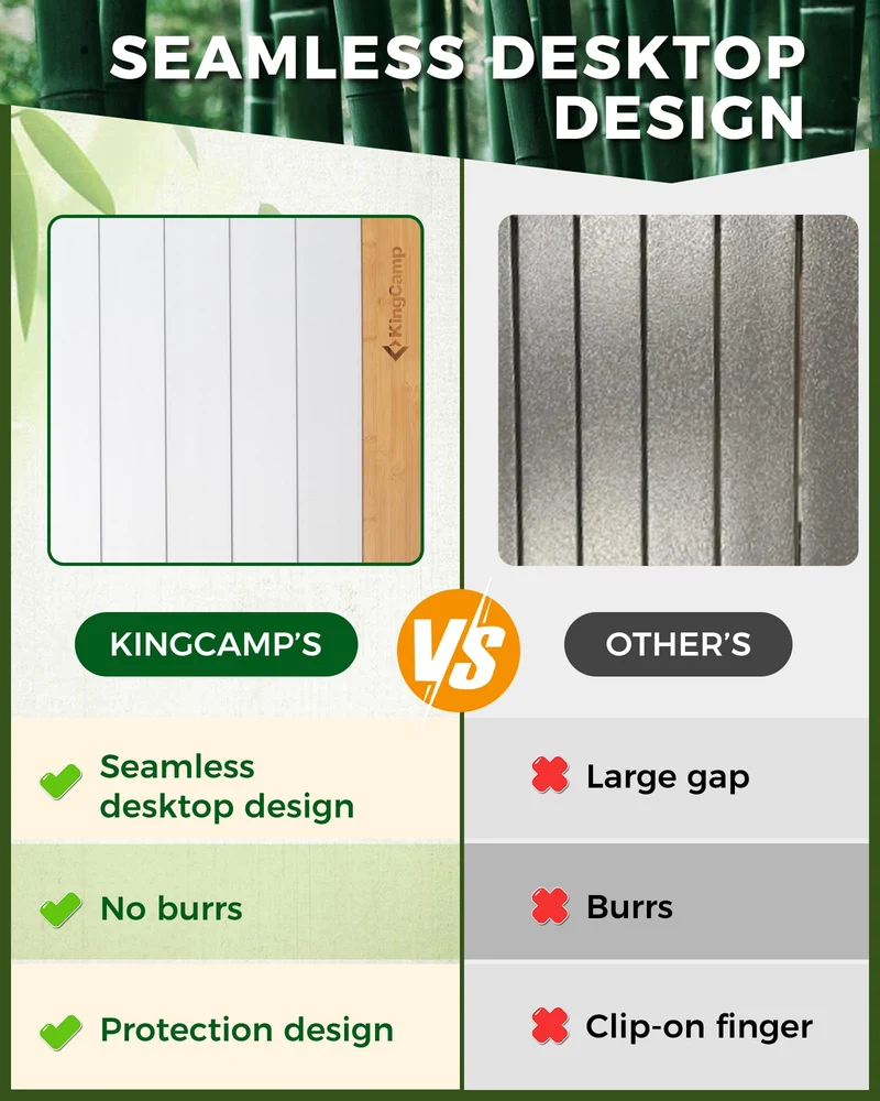 KingCamp Folding Roll-Top Aluminum Table with Bamboo Extensions | 4-6 Person Medium Camping Table, Seamless Zero-Gap Surface with Natural Bamboo Ends