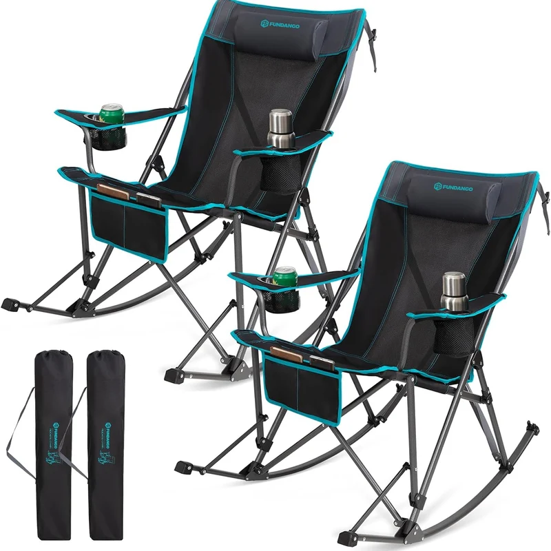 FUNDANGO Portable Rocking Camp Chair with Pillow & Cup Holders | High Back Padded Folding Rocker, 300lb Capacity Breathable Mesh Outdoor Chair