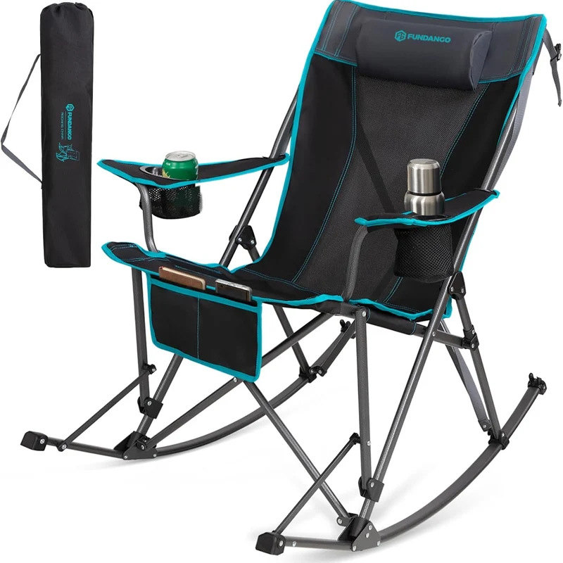 FUNDANGO Portable Rocking Camp Chair with Pillow & Cup Holders | High Back Padded Folding Rocker, 300lb Capacity Breathable Mesh Outdoor Chair