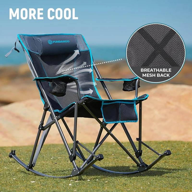 FUNDANGO Portable Rocking Camp Chair with Pillow & Cup Holders | High Back Padded Folding Rocker, 300lb Capacity Breathable Mesh Outdoor Chair